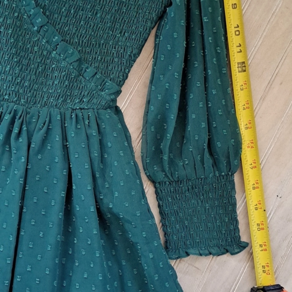 ASOS Design Emerald Green Smocked Ruffles Maxi Dress Flowy Feminine Puff Sleeves - Picture 13 of 14